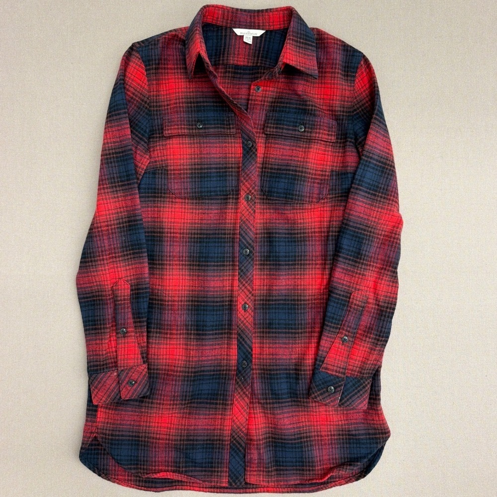 LL‎ Bean Signature Womens XS Red Navy Blue Plaid Flannel Button Down Shirt 1889